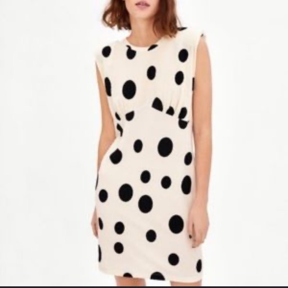 Zara | Polka Dot Midi Length Dress | cream/black | size M